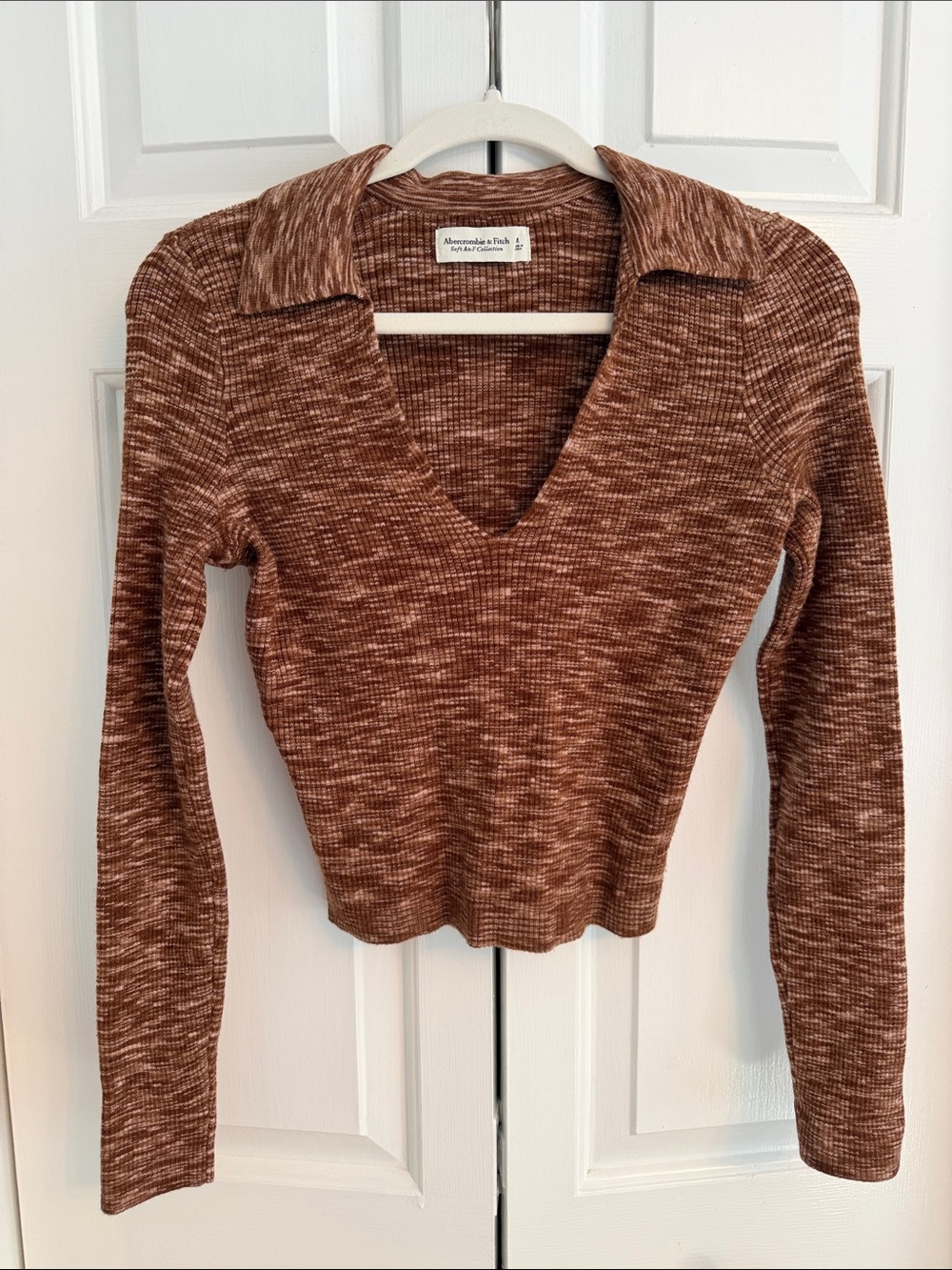 Abercrombie & Fitch Brown Marled V-Neck Ribbed Collared Long Sleeve Knit Top
